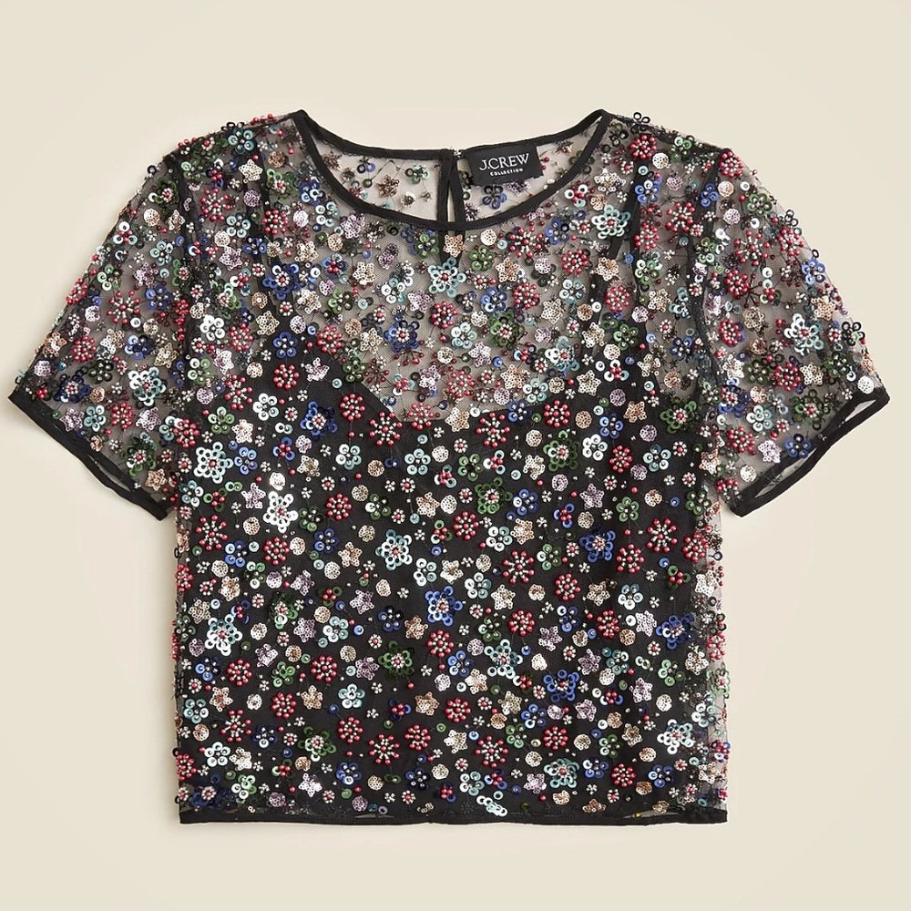 J. Crew Black Sheer Embellished Sequin Floral Crop Top